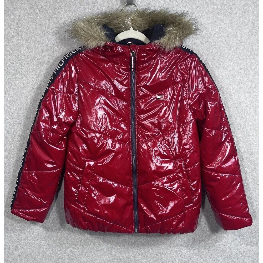 Tommy Hilfiger Girls Puffer Jacket 12/14‎ Lg Red High Shine Chevron Scarlet Logo